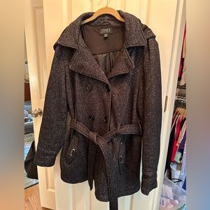 Jones New York black heathered knit jacket Double breasted, belt, hip length XL